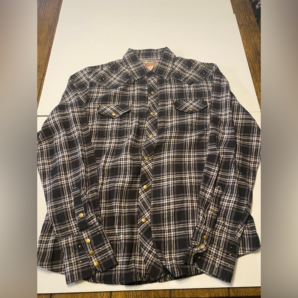 Vintage Red Long Sleeve Studded Bohemian Biker Lagenlook Flannel XL B2
